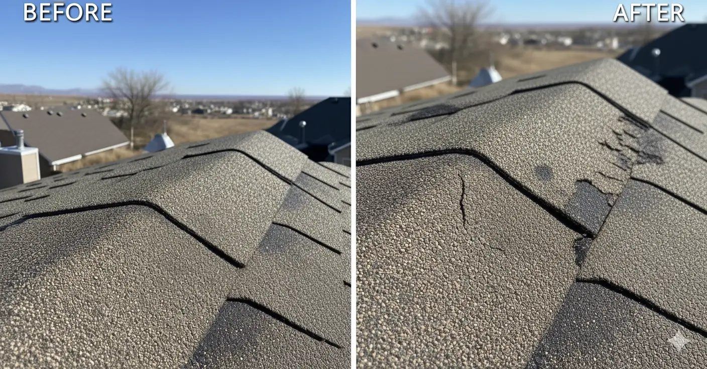 Before/after shingle close-up with hail bruise vs. intact showing hidden storm roof damage in Colorado