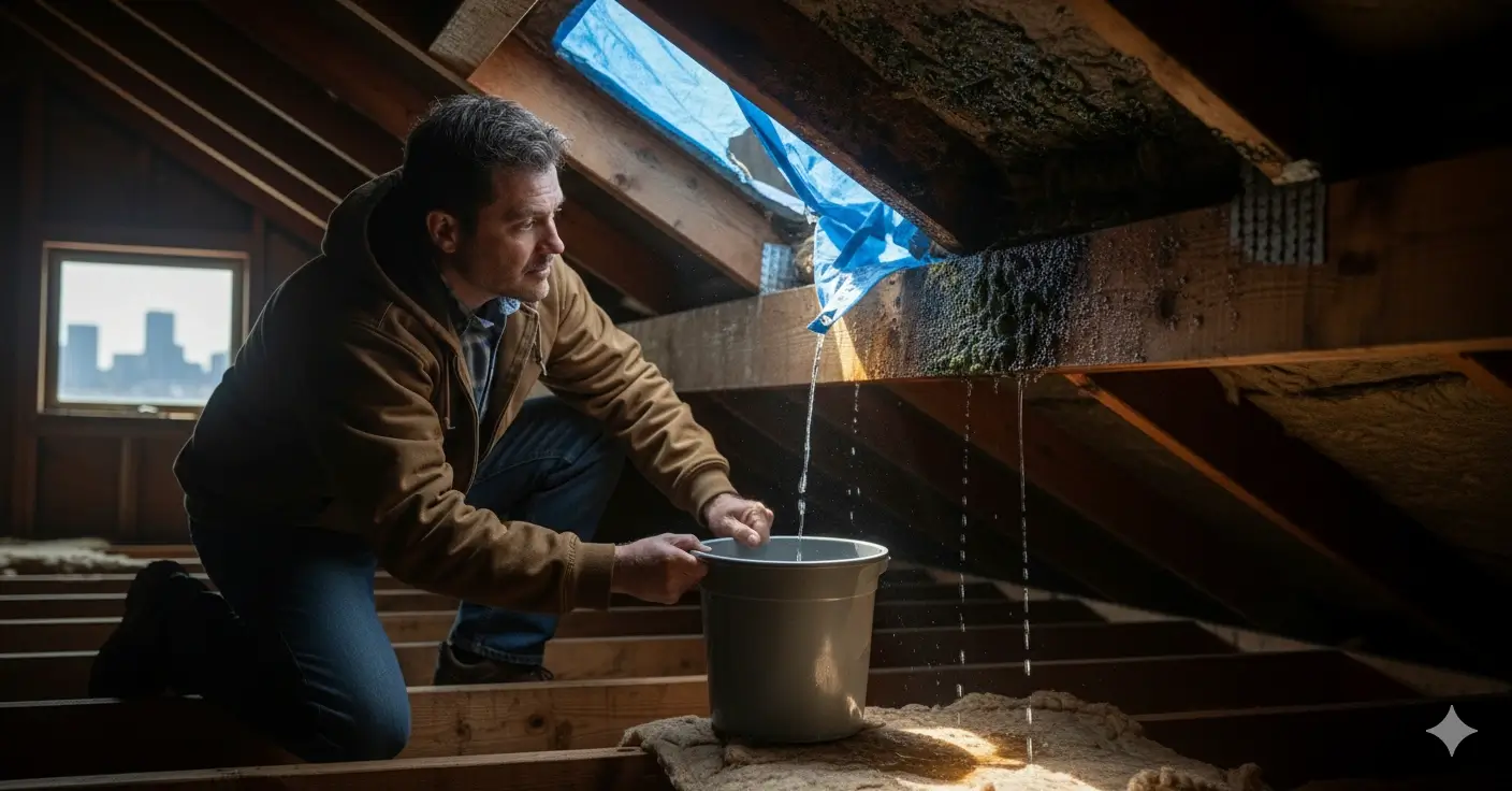 Man investigating moist attic from leaking roof in hidden roof damage in Denver