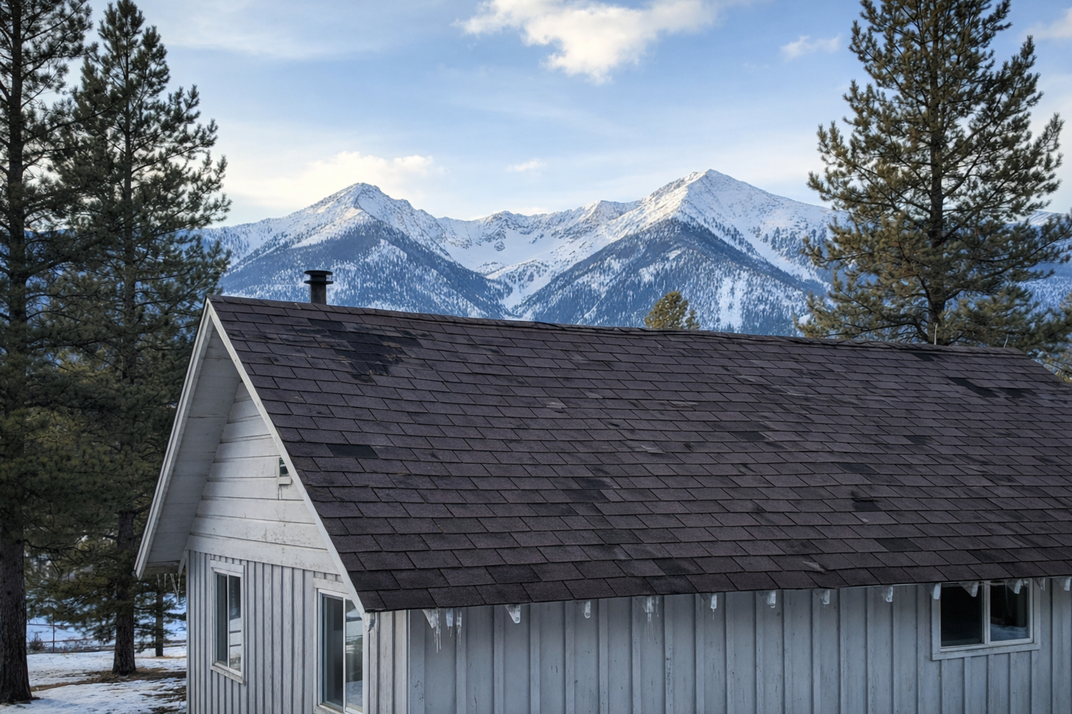 Colorado winter roof damage cracked shingle loose flashing close-up