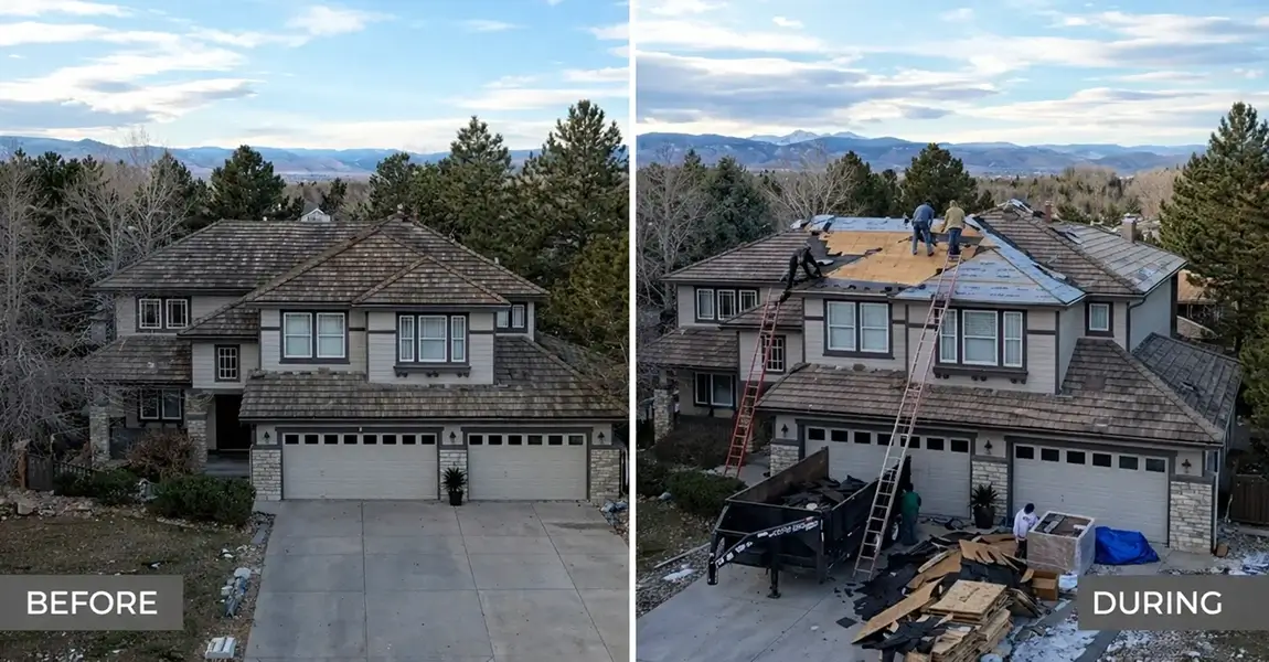 roof replacement cost in Littleton before and after roof replacement photo set