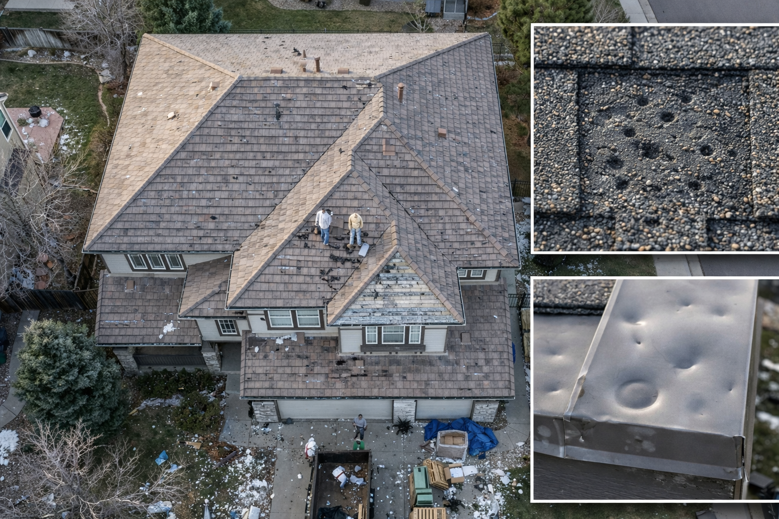 How Hail Affects Roofs in Littleton, CO close-up of granule loss and soft metal dents