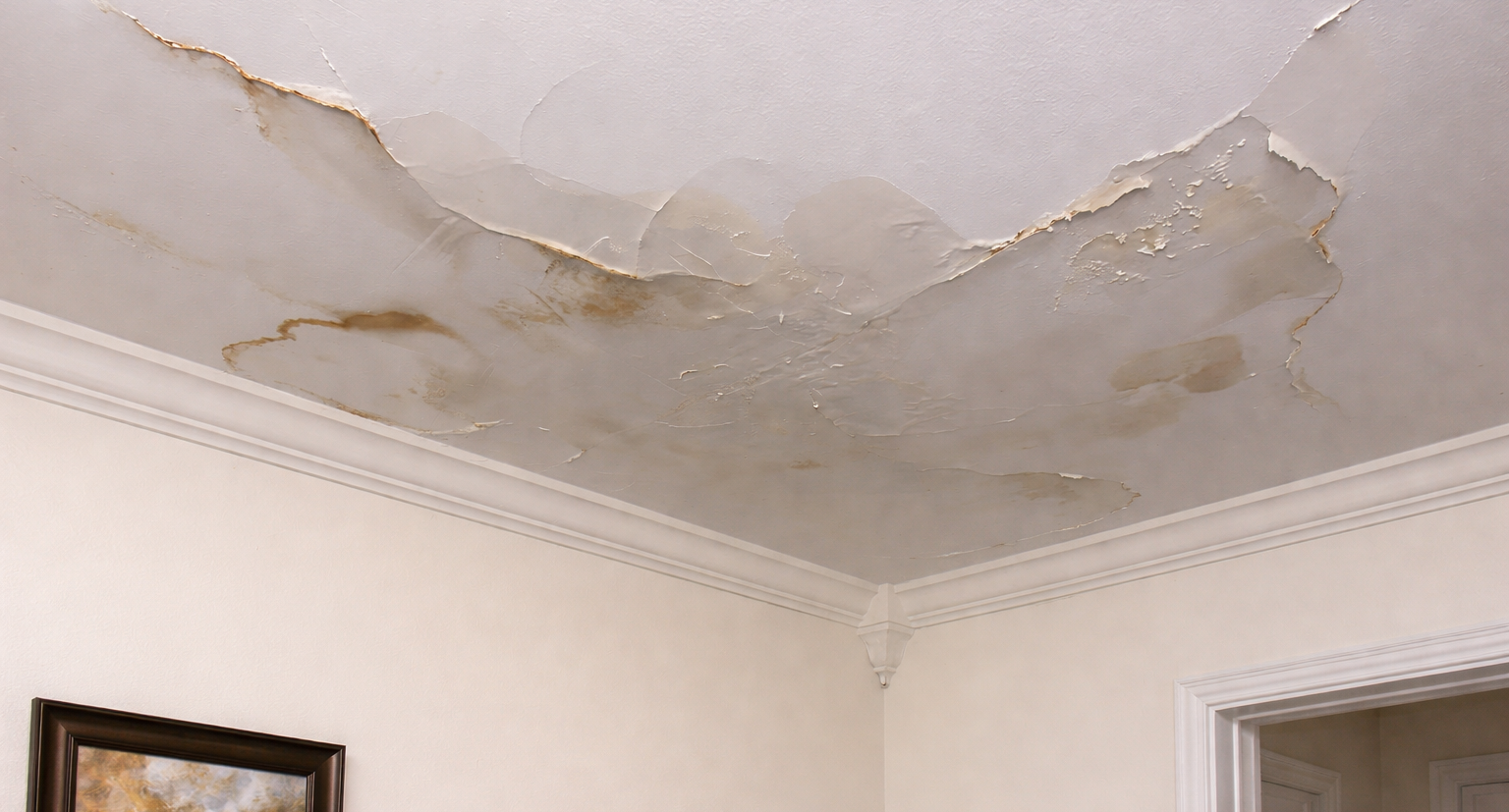 Ceiling stain and melting snow roofline showing roof leak after snow melt in Colorado