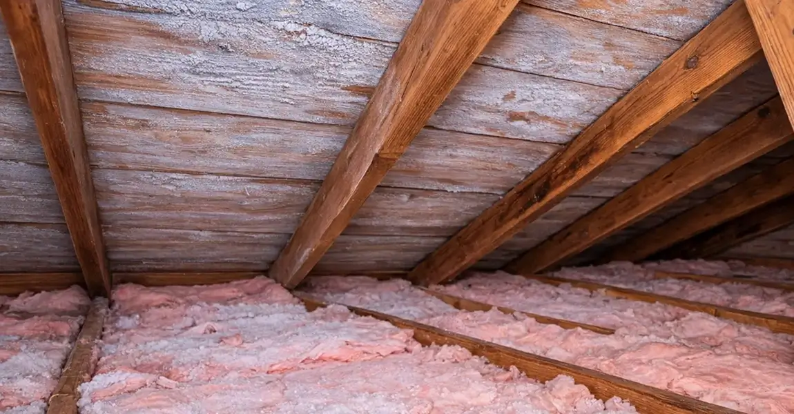 Frost in attic insulation showing signs of hidden roof damage in Colorado