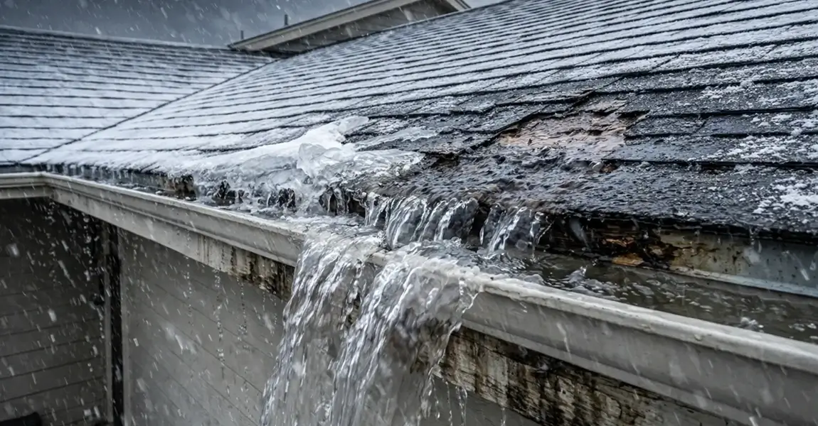 Overflowing rain gutter during storm showing gutter overflow roof damage in Denver