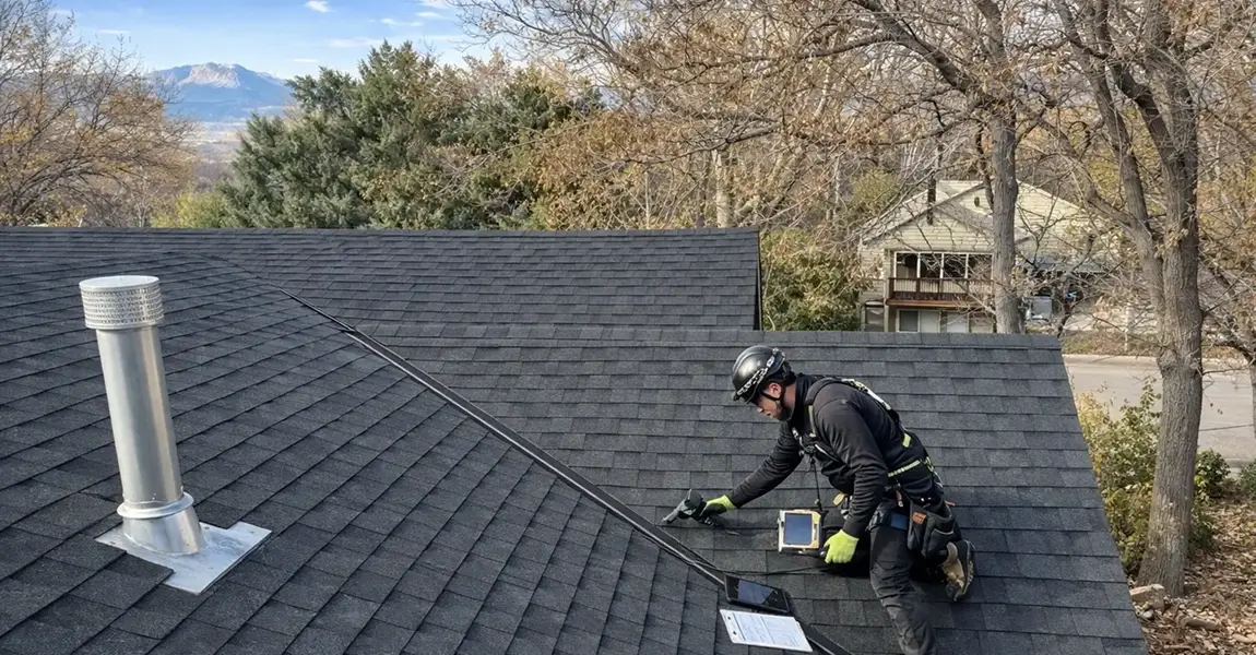 Professional performing a roof inspection in Colorado checking shingles and flashing