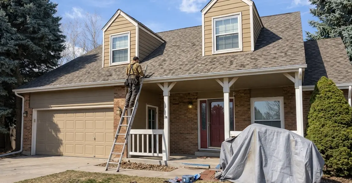 Image of professional roofer doing a spring roof maintenance in Colorado with gutters flashing and vents with checkerboard in hand