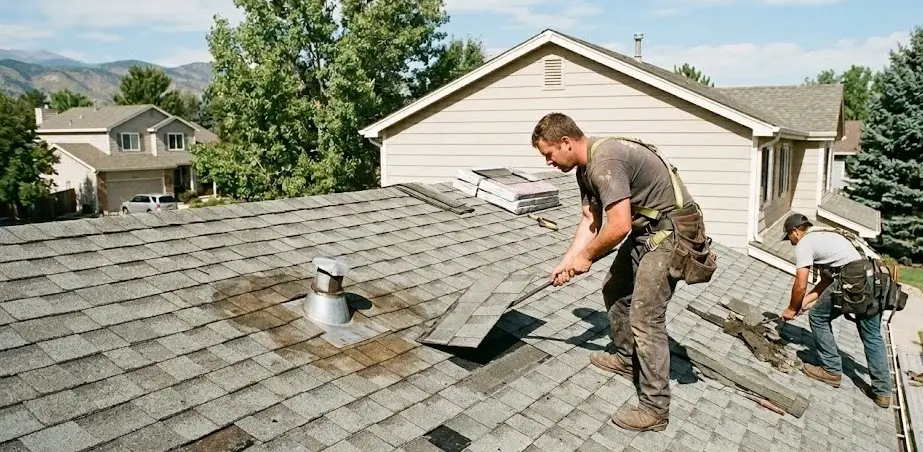 Photo set showing signs you need roof repair in Littleton lifted shingles and roof repairing