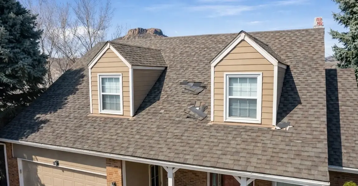Missing shingles after wind showing need for roof repair in Castle Rock