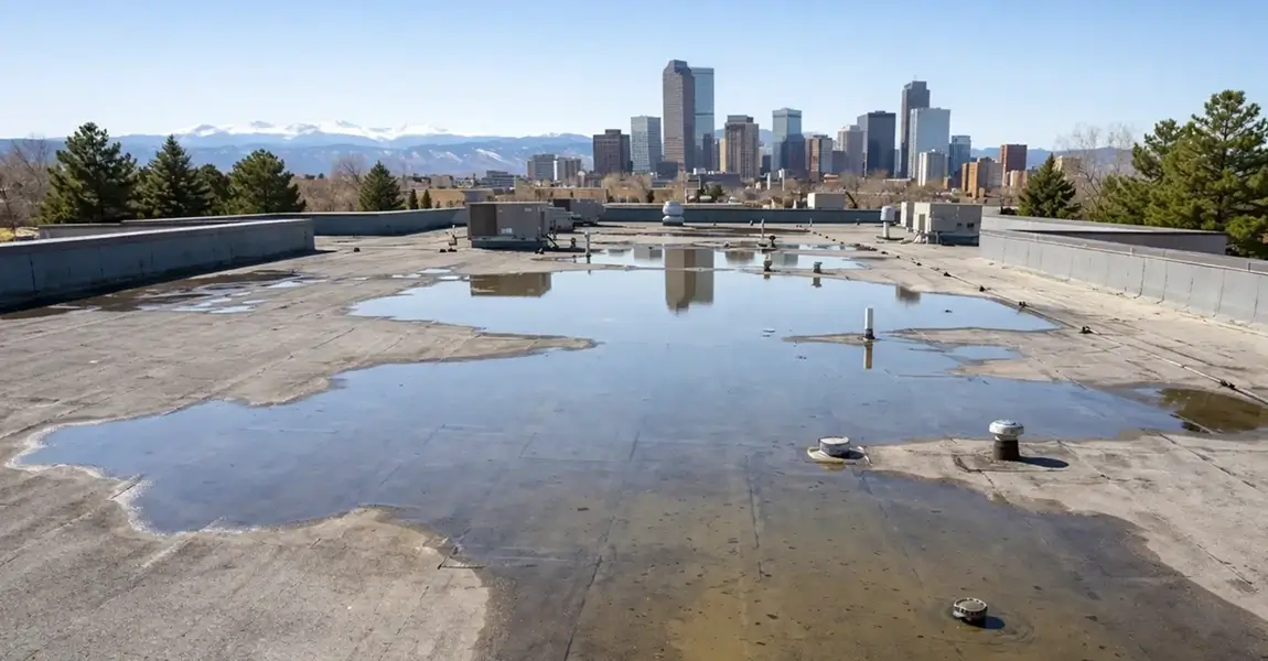 Ponding water on flat roof showing commercial flat roof leaks in Denver