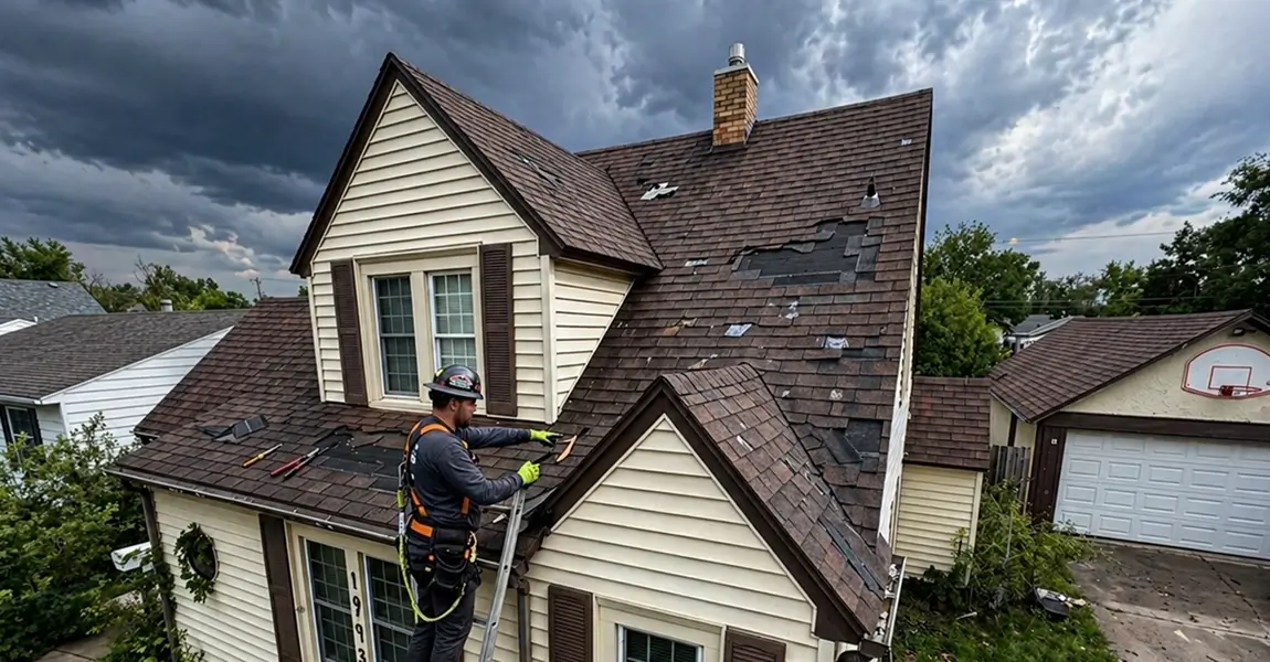 Image showing a roofer looking at roof damage in Colorado after storms
