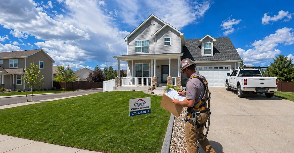 Image showing inspector reviewing roof with checklist for roof certification in Colorado cost