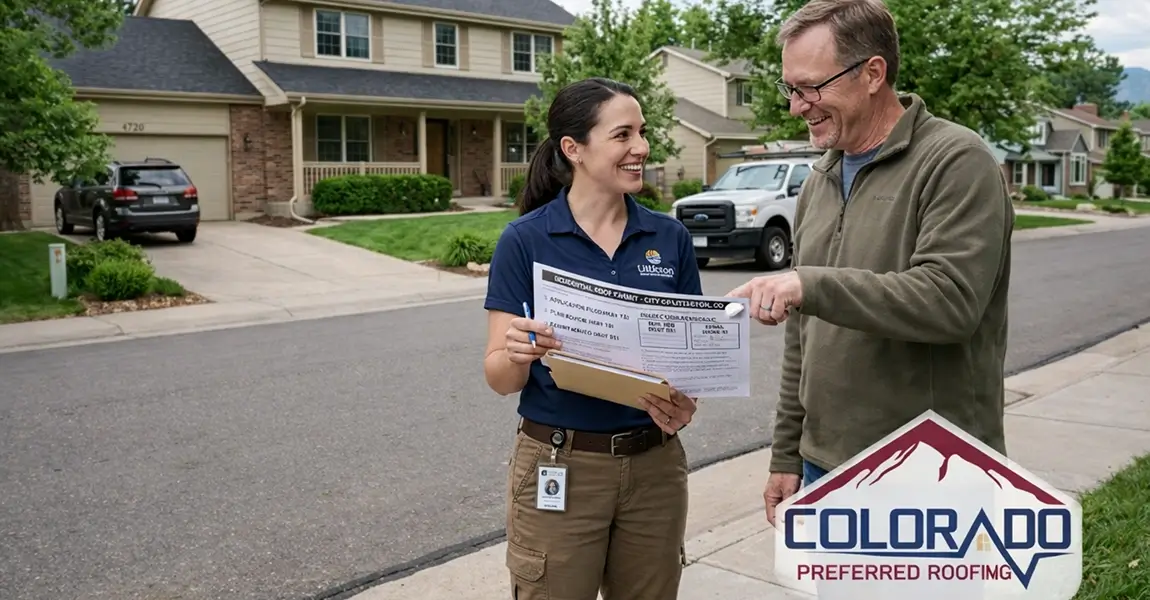 Image showing roofer and resident going through a permit for roof work in Littleton steps and inspection timing