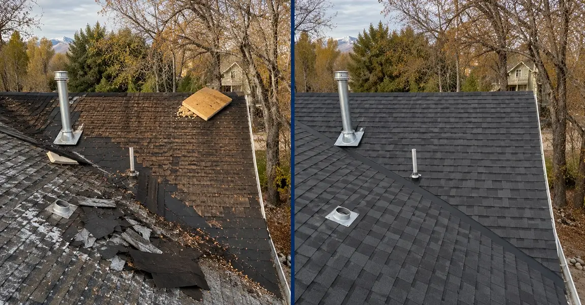 Roof age in Colorado comparison showing 12-year-old shingle granule loss and UV damage versus new shingles
