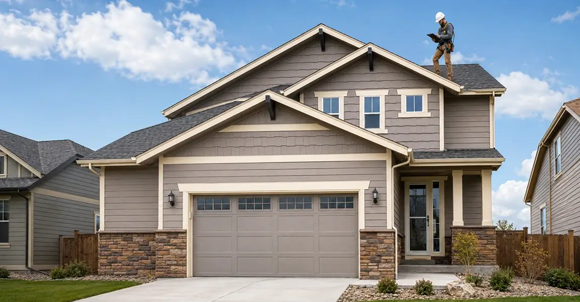 Roof certification in Denver contractor completing inspection form on residential rooftop