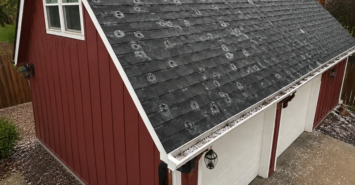 Denver hailstorm damage on asphalt roof showing fresh impact bruises and hailstones in gutters after summer storm