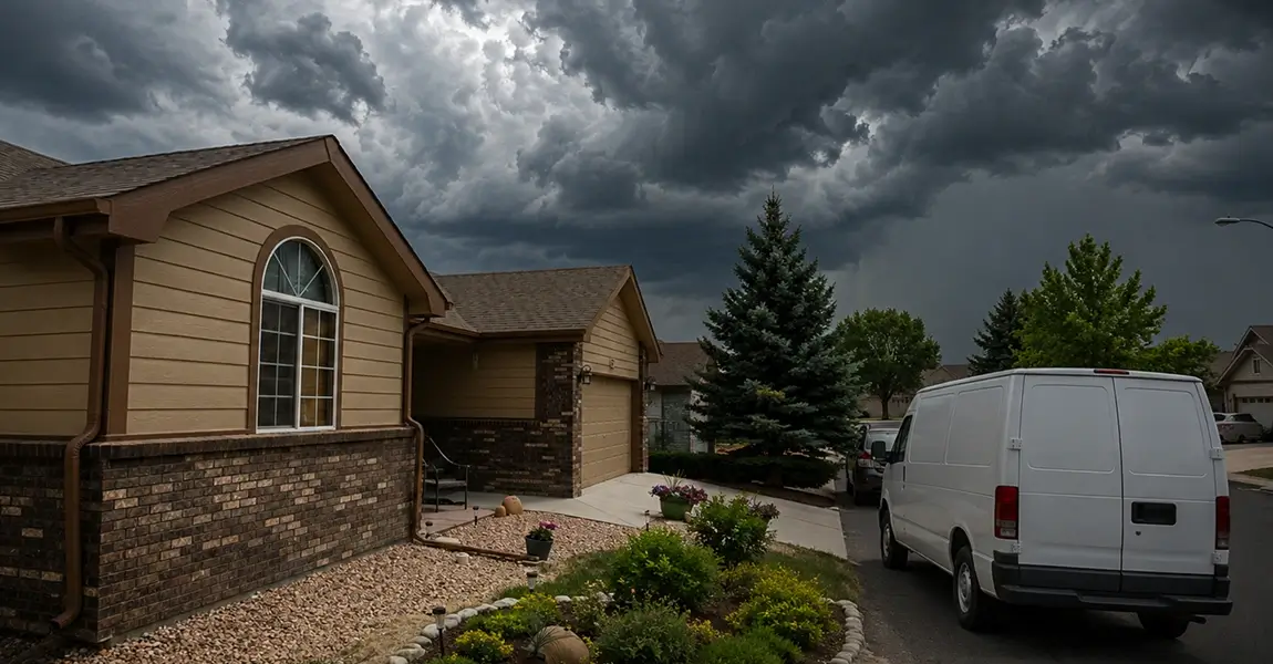 Storm chasers in Colorado Springs showing out-of-state contractor van in residential neighborhood after hail storm