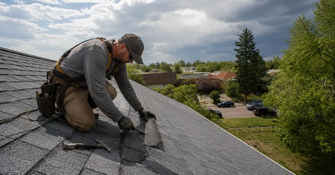 Littleton hailstorm roof repair showing fresh impact bruising on asphalt shingles after summer storm