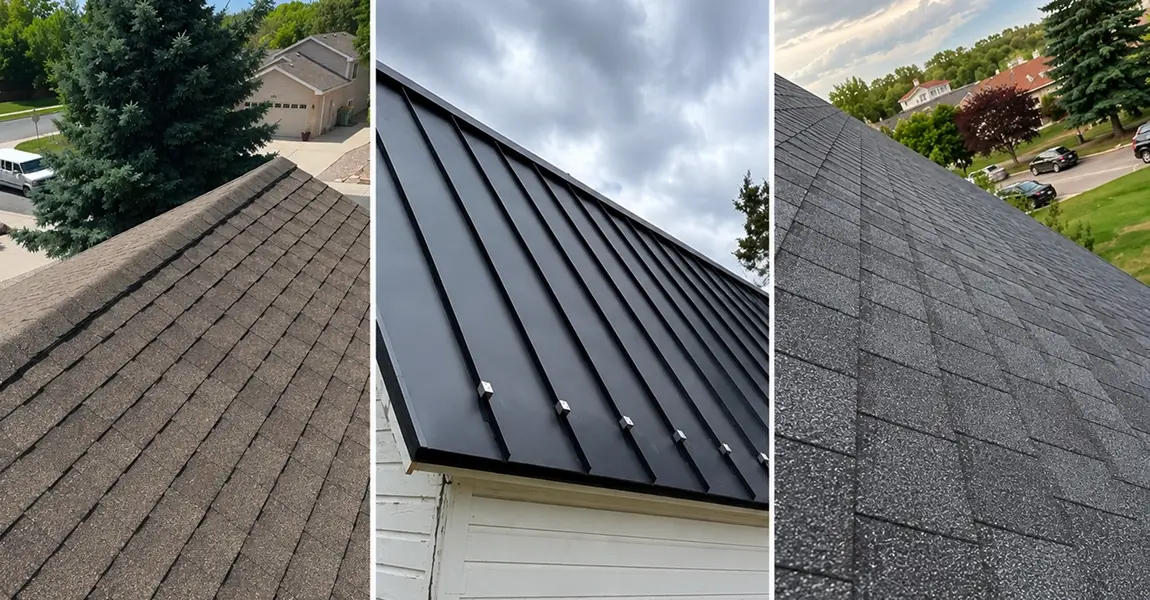 Roofing materials for Littleton comparison showing asphalt shingles metal roofing and Class 4 impact resistant options on Colorado homes